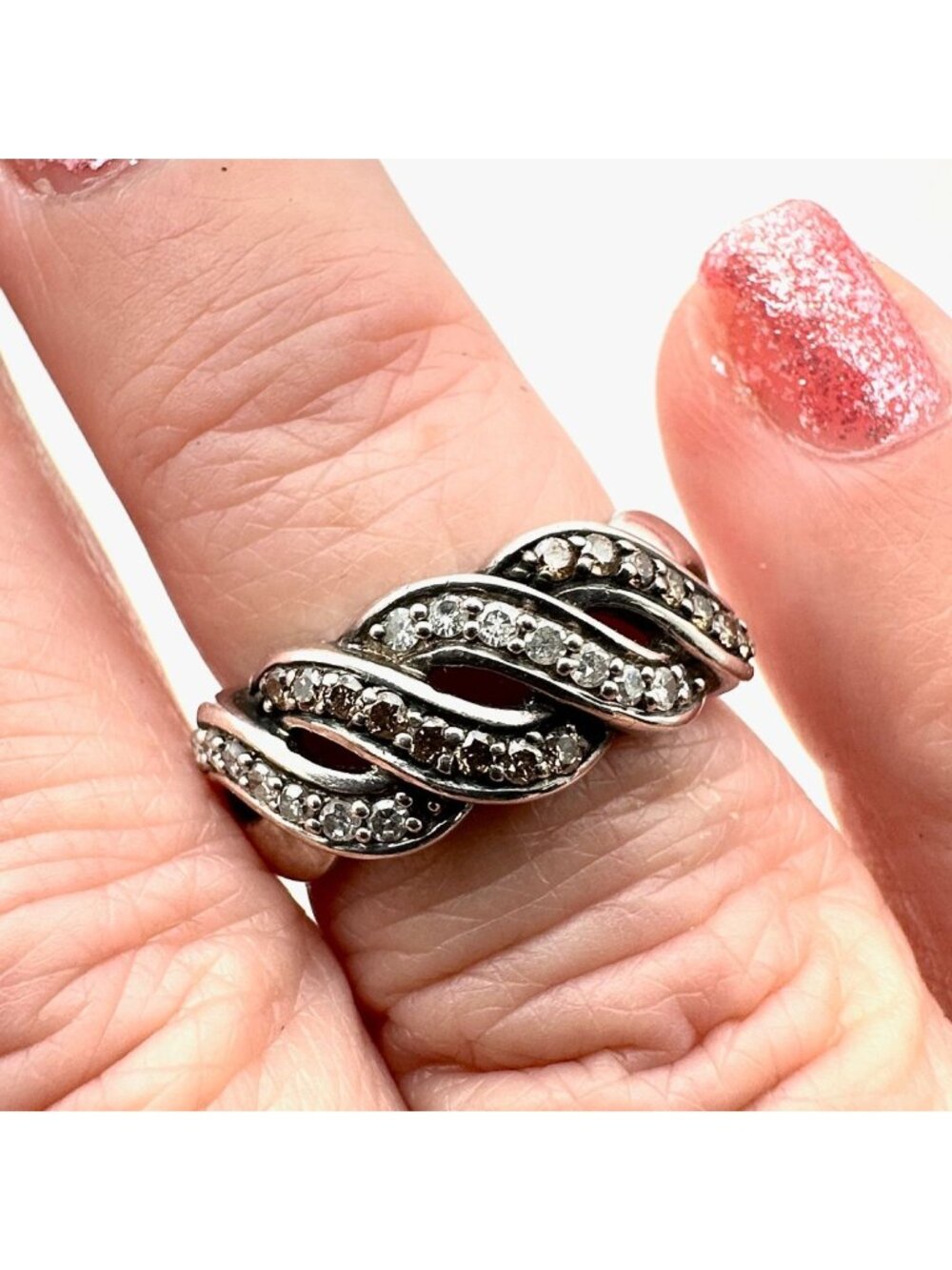 Vintage Womens Ring Sterling Silver Diamond Twist Band Size 7
